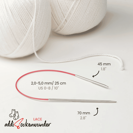 アディ ソックワンダー レース (addi Sock Wonder Lace) 25cm メタル輪針 針軸・コードサイズ構造図