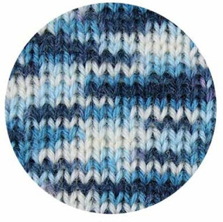 「PLUS WOOL(プラスウール)」ボタニックガーデンシリーズのソックヤーン。スイレン(Water Lily)をイメージした、ブルー、ホワイト、ライトグレーの段染め(グラデーション)カラーの毛糸玉。編地|やお工房