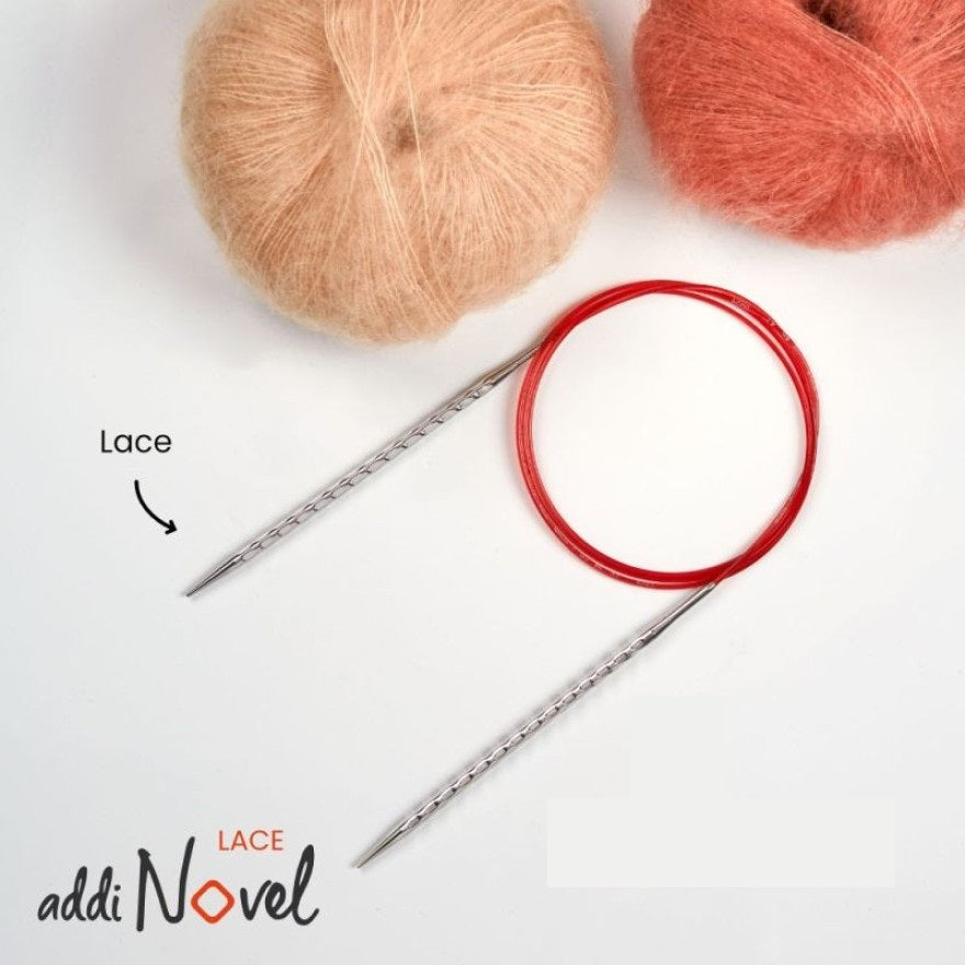 アディ ノベル レース 輪針 100cm レッドコードと針先の全体像（addi Novel Lace）